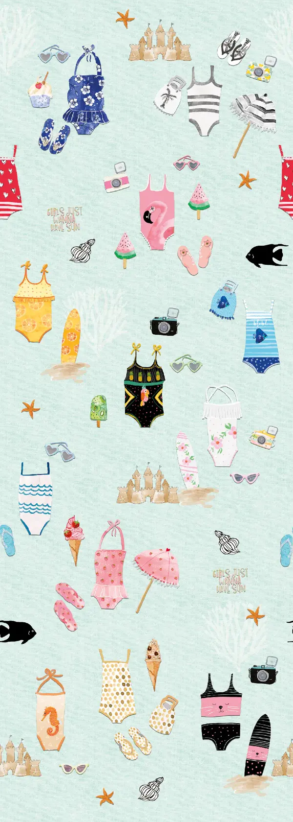 Dessin Beachlife plat, badpakken, slippers en strandspullen op mintgroen