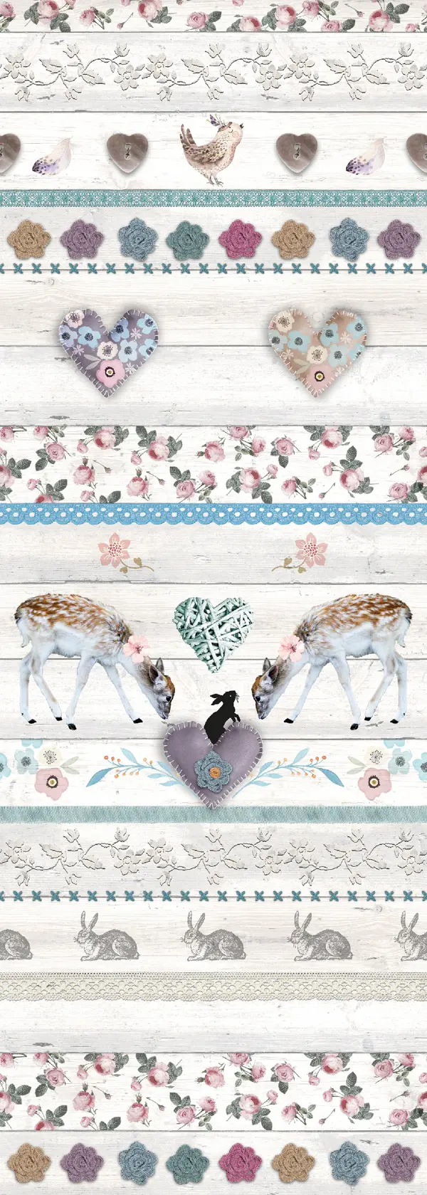 Dessin Cabin love plat, horizontale randen met hartjes, bloemen en diertjes