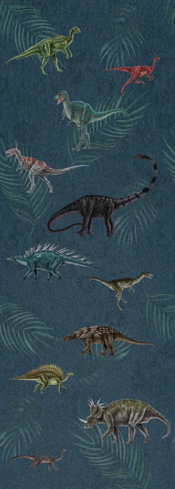Dessin Dino darks plat, dinosaurussen en varens op een donker petrolblauwe ondergrond