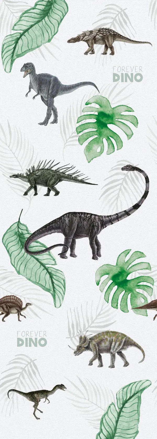 Dessin Dino in my room plat, dinosaurussen tussen groene monsterabladeren op wit