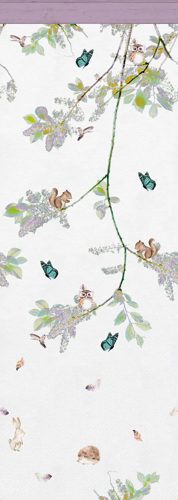 Dessin Fairytale spring plat, ranken met bloemen en kleine diertjes op wit