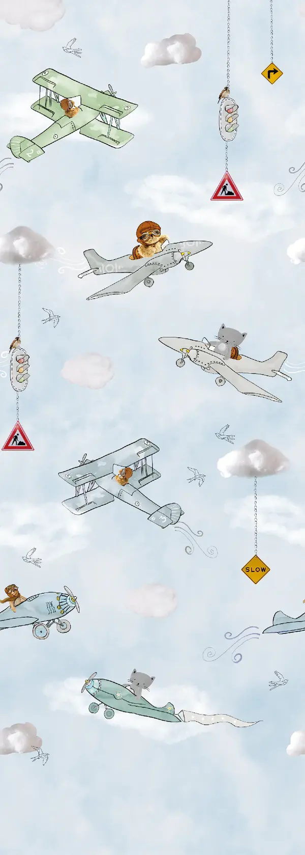 Dessin Fly in the sky plat, vliegtuigjes en luchtballonnen op lichtblauw