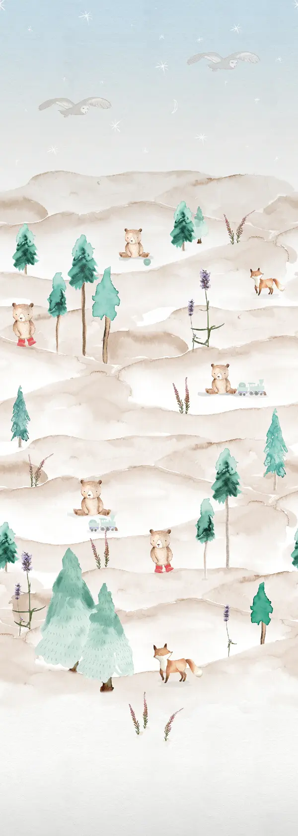 Dessin Foxy Forest plat, vosjes en dennenbomen in een besneeuwd landschap