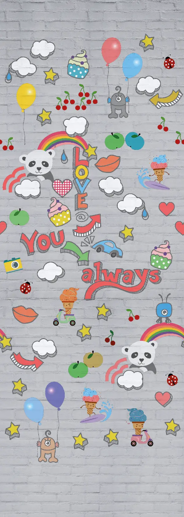 Dessin Graffiti baby Grey plat, kindertekeningen en regenbogen op grijze baksteen