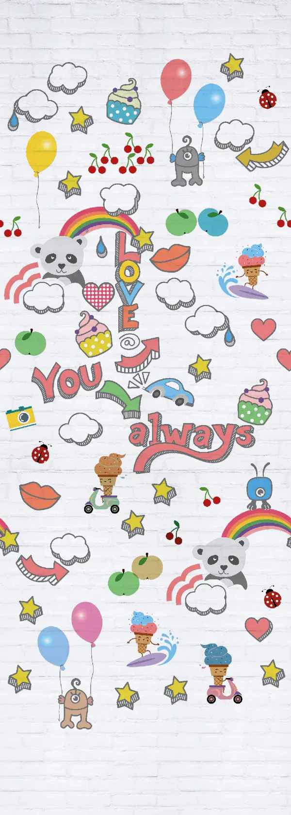 Dessin Graffiti Baby plat, kleurige kindertekeningen, regenbogen en ballonnen op wit